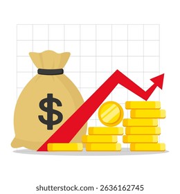 Dollar bag with golden coins and red arrow going up - return of investment vector illustration.