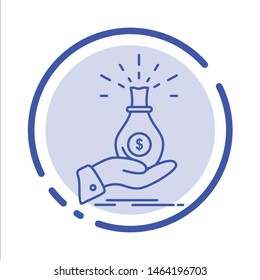 Dollar, Bag, Hand, Business, Capital, Debt, Investment, Savings Blue Dotted Line Line Icon. Vector Icon Template background
