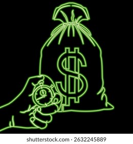 Dollar Bag and Hand Holding Stopwatch. Time is Money icon neon glow vector illustration concept