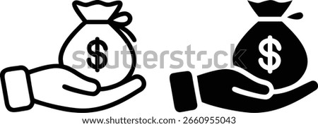 Dollar Bag Hand Icon Set – Black and White Money Symbol for Finance, Payment, and Banking
