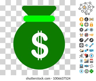 Dollar Bag icon with bonus bitcoin mining and blockchain pictographs. Vector illustration style is flat iconic symbols. Designed for crypto currency ui toolbars.