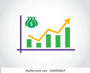 Dollar Bag Money Salary Asset Investment Deposits Fluctuate Graph Bar Arrow