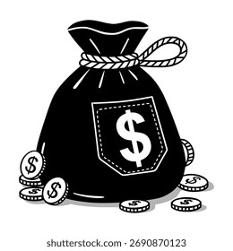 Bolso del dólar con las monedas dispersas del dólar, Ilustración vectorial plana de un bolso del dinero con las monedas, riqueza, negocio. Ideal para logotipos, símbolos u otras necesidades.