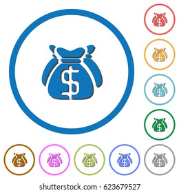 Dollar bags flat color vector icons with shadows in round outlines on white background