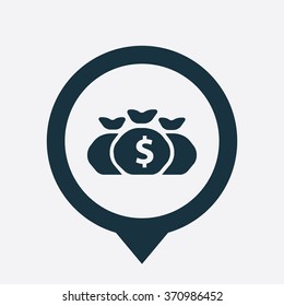 dollar bags icon, on white background map pin