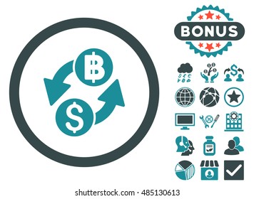 Dollar Baht Exchange icon with bonus symbols. Vector illustration style is flat iconic bicolor symbols, soft blue colors, white background.