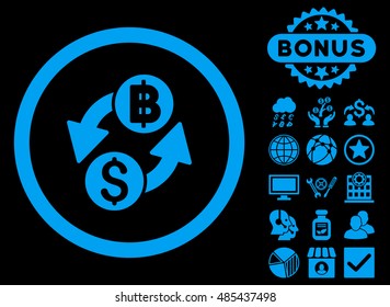 Dollar Baht Exchange icon with bonus pictogram. Vector illustration style is flat iconic symbols, blue color, black background.