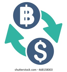 Dollar Baht Exchange icon. Vector style is bicolor flat iconic symbol with rounded angles, cobalt and cyan colors, white background.
