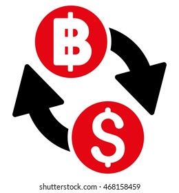 Dollar Baht Exchange icon. Vector style is bicolor flat iconic symbol with rounded angles, intensive red and black colors, white background.