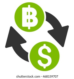 Dollar Baht Exchange icon. Vector style is bicolor flat iconic symbol with rounded angles, eco green and gray colors, white background.
