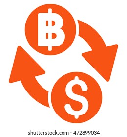 Dollar Baht Exchange icon. Vector style is flat iconic symbol with rounded angles, orange color, white background.