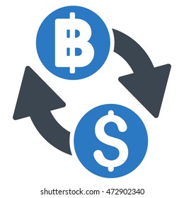 Dollar Baht Exchange icon. Vector style is bicolor flat iconic symbol with rounded angles, smooth blue colors, white background.