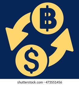 Dollar Baht Exchange icon. Vector style is flat iconic symbol with rounded angles, yellow color, blue background.