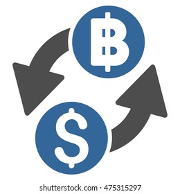 Dollar Baht Exchange icon. Vector style is bicolor flat iconic symbol with rounded angles, cobalt and gray colors, white background.