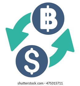 Dollar Baht Exchange icon. Vector style is bicolor flat iconic symbol with rounded angles, cobalt and cyan colors, white background.