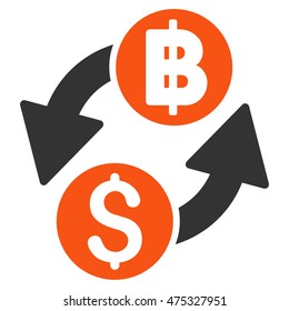Dollar Baht Exchange icon. Vector style is bicolor flat iconic symbol with rounded angles, orange and gray colors, white background.