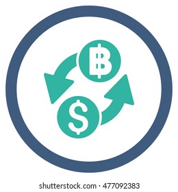 Dollar Baht Exchange vector bicolor rounded icon. Image style is a flat icon symbol inside a circle, cobalt and cyan colors, white background.