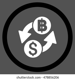 Dollar Baht Exchange vector bicolor rounded icon. Image style is a flat icon symbol inside a circle, black and white colors, gray background.