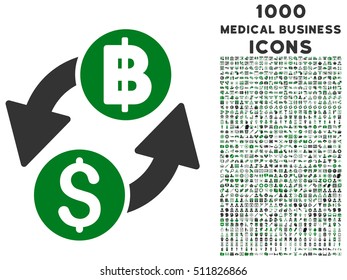 Dollar Baht Exchange vector bicolor icon with 1000 medical business icons. Set style is flat pictograms, green and gray colors, white background.