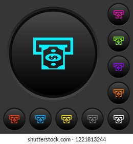 Dollar bank ATM dark push buttons with vivid color icons on dark grey background