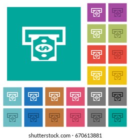 Dollar bank ATM multi colored flat icons on plain square backgrounds. Included white and darker icon variations for hover or active effects.