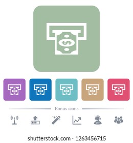 Dollar bank ATM white flat icons on color rounded square backgrounds. 6 bonus icons included