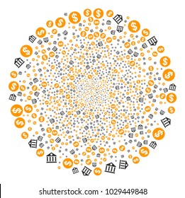 Dollar Bank burst circle. Object pattern created from random dollar bank symbols as exploding round shape. Vector illustration style is flat iconic symbols.