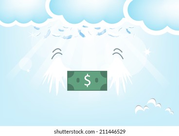Dollar Bank Feathers from the sky.,Blue Valentine's Day background.