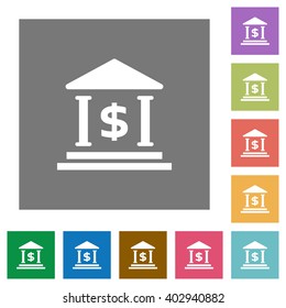 Dollar bank flat icon set on color square background.