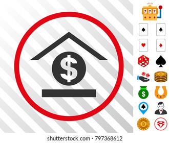 Dollar Bank gray icon rounded with red circle with bonus casino pictures. Vector illustration style is flat iconic symbols. Designed for gambling ui.