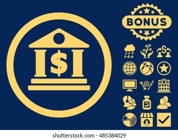 Dollar Bank icon with bonus symbols. Vector illustration style is flat iconic symbols, yellow color, blue background.