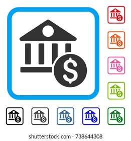 Dollar Bank icon. Flat grey iconic symbol in a light blue rounded squared frame. Black, gray, green, blue, red, orange color versions of Dollar Bank vector. Designed for web and software interfaces.
