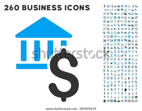 Dollar Bank icon within 260 vector business\
pictogram set. Style is bicolor flat symbols, light blue and gray\
colors, white\
background.