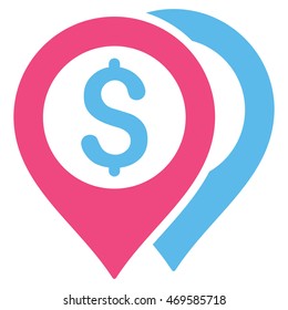 Dollar Bank Markers icon. Vector style is bicolor flat iconic symbol with rounded angles, pink and blue colors, white background.