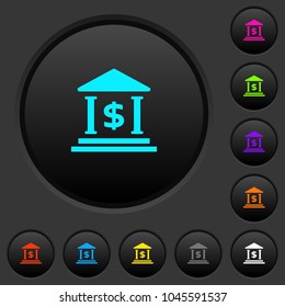 Dollar bank office dark push buttons with vivid color icons on dark grey background