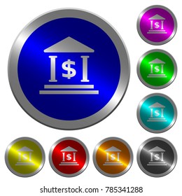 Dollar bank office icons on round luminous coin-like color steel buttons