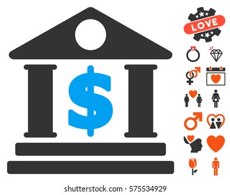 Dollar Bank pictograph with bonus dating symbols. Vector illustration style is flat iconic symbols for web design, app user interfaces.