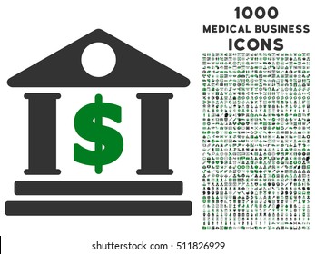 Dollar Bank vector bicolor icon with 1000 medical business icons. Set style is flat pictograms, green and gray colors, white background.