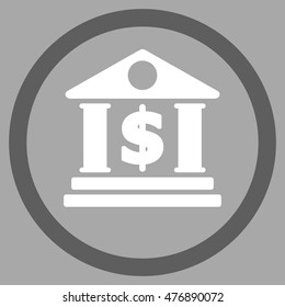 Dollar Bank vector bicolor rounded icon. Image style is a flat icon symbol inside a circle, dark gray and white colors, silver background.