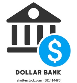 Dollar Bank vector icon with caption. Symbol style is a bicolor flat symbol with rounded angles, blue and gray colors, white background.