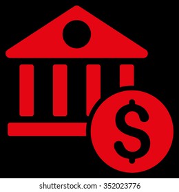 Dollar Bank vector icon. Style is flat symbol, red color, rounded angles, black background.