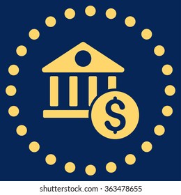Dollar Bank vector icon. Style is flat circled symbol, yellow color, rounded angles, blue background.