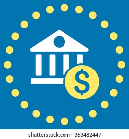 Dollar Bank vector icon. Style is bicolor flat circled symbol, yellow and white colors, rounded angles, blue background.