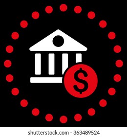 Dollar Bank vector icon. Style is bicolor flat circled symbol, red and white colors, rounded angles, black background.
