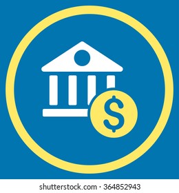 Dollar Bank vector icon. Style is bicolor flat circled symbol, yellow and white colors, rounded angles, blue background.