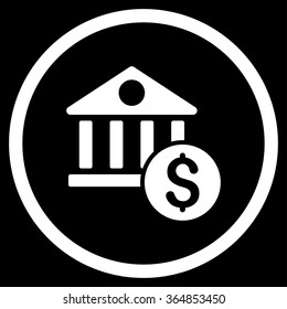 Dollar Bank vector icon. Style is flat circled symbol, white color, rounded angles, black background.