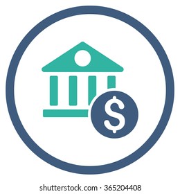 Dollar Bank vector icon. Style is bicolor flat circled symbol, cobalt and cyan colors, rounded angles, white background.