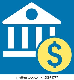 Dollar Bank vector icon. Style is bicolor flat symbol, yellow and white colors, blue background.