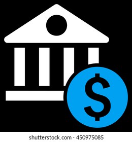 Dollar Bank vector icon. Style is bicolor flat symbol, blue and white colors, black background.