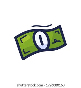 Dollar banknote cartoon doodle style. Line Vector illustration icon isolated on white background.